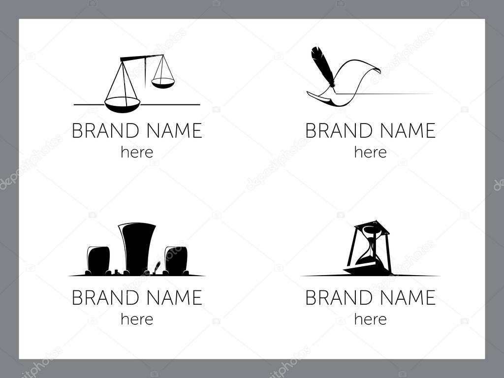 Scales, pen with paper, judge's chair, hourglass with inscription Brand Name here