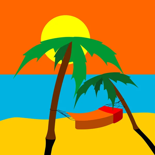 Praia, mar, palmeiras, sol e rede —  Vetores de Stock