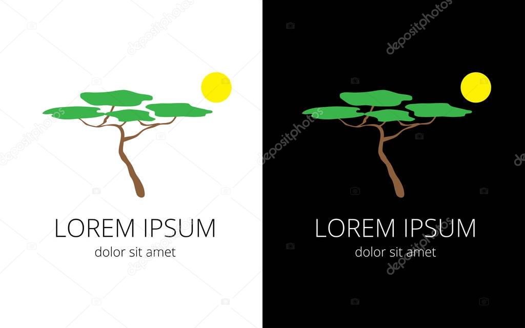 African tree and sun on white and black background for company logo