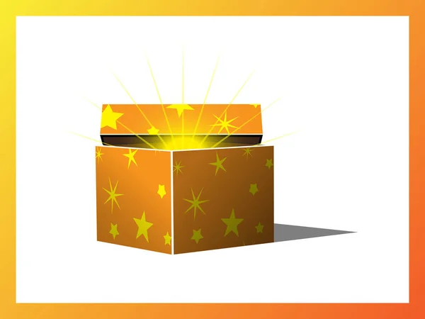 Caja de regalo mágica abierta naranja con patrón de estrellas — Vector de stock