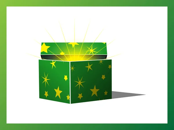 Caja de regalo mágica abierta verde con patrón de estrellas — Vector de stock