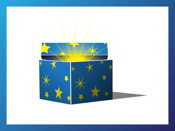 Blau geöffnete magische Geschenkbox mit Sternenmuster — Stockvektor