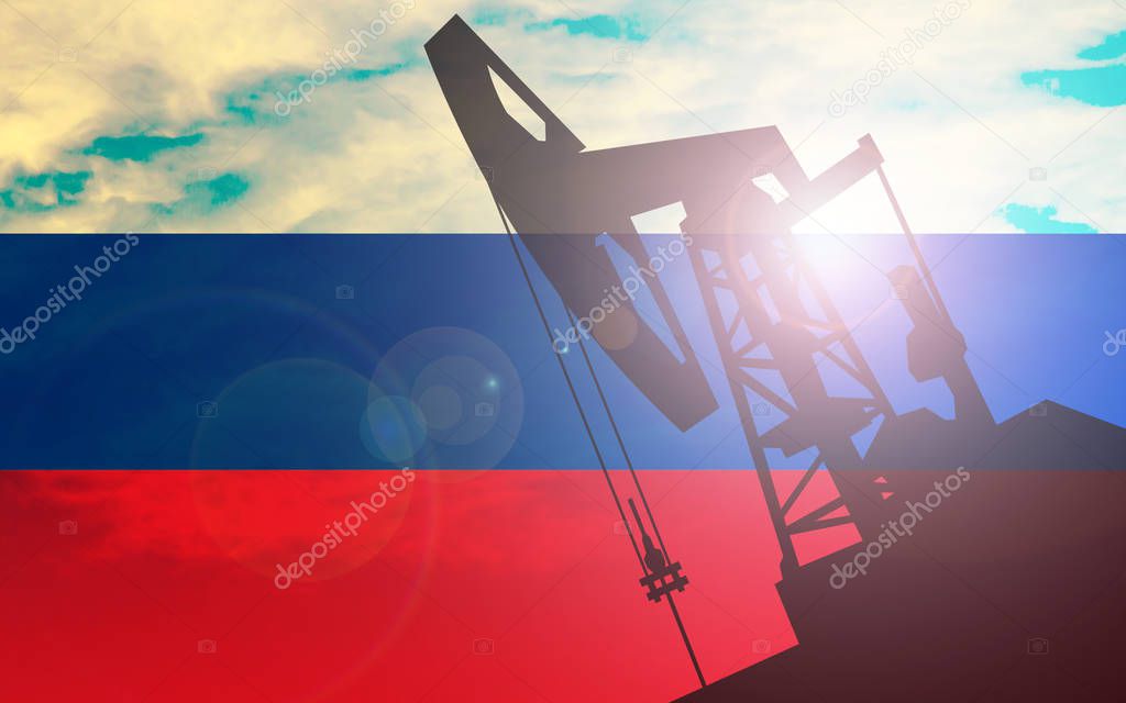 Shadow of oil pump on Russia flag background