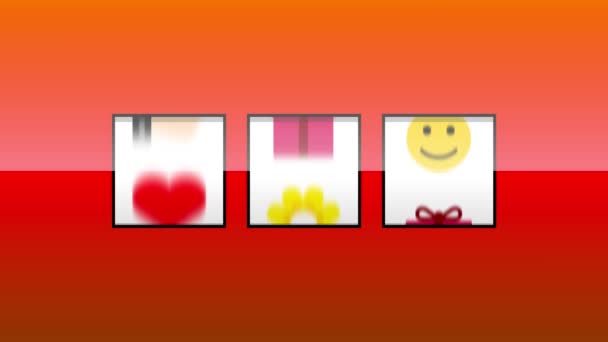 Запуск игрового автомата с иконками социальных сетей и остановить три сердца с надписью Я люблю тебя на красном фоне — стоковое видео