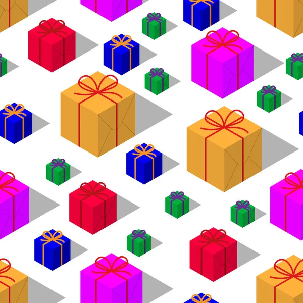 Patrón sin costura con cajas de regalo multicolores. Isométricos — Vector de stock