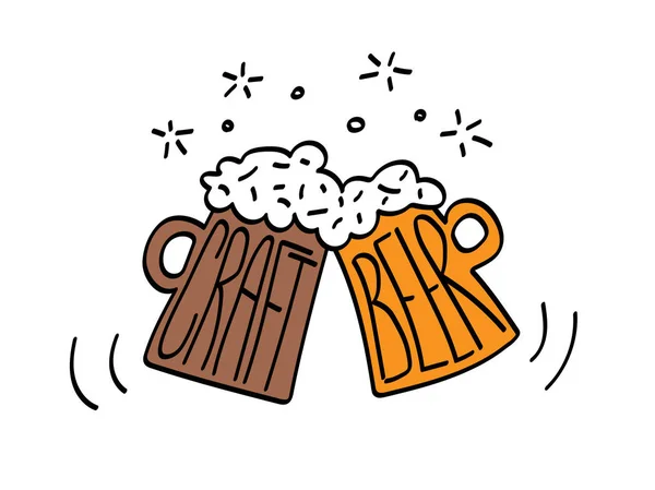 Deux tasses à la bière artisanale. Illustration vectorielle drôle — Image vectorielle