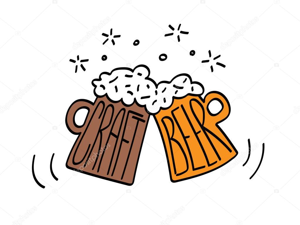 Clinking two mugs with craft beer. Funny vector illustration