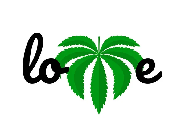 Inscripción Amor con hoja de cannabis en lugar de v — Vector de stock