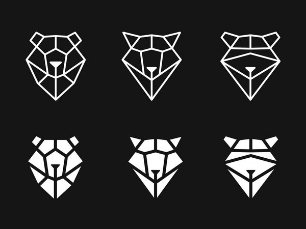 Головы медведя, енота, волка из треугольников на темном фоне
