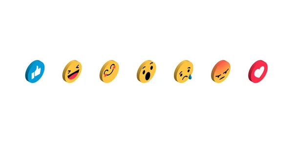 Emoji zestaw emotikon reakcje. Wektor 3d izometryczny ikony płaski kształt serca zły lub uśmiech na twarzy i jak przycisk — Wektor stockowy