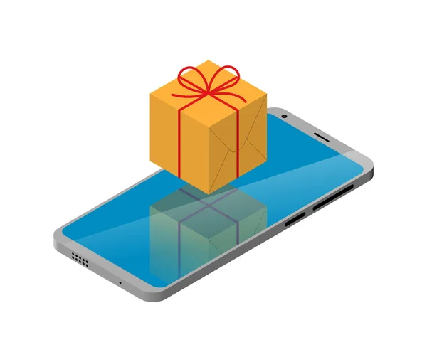 Smartphone isometrisch. Zeichen Geschenkbox — Stockvektor