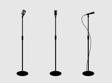 Three microphones on counter. light background. silhouette microphone. Music icon clipart