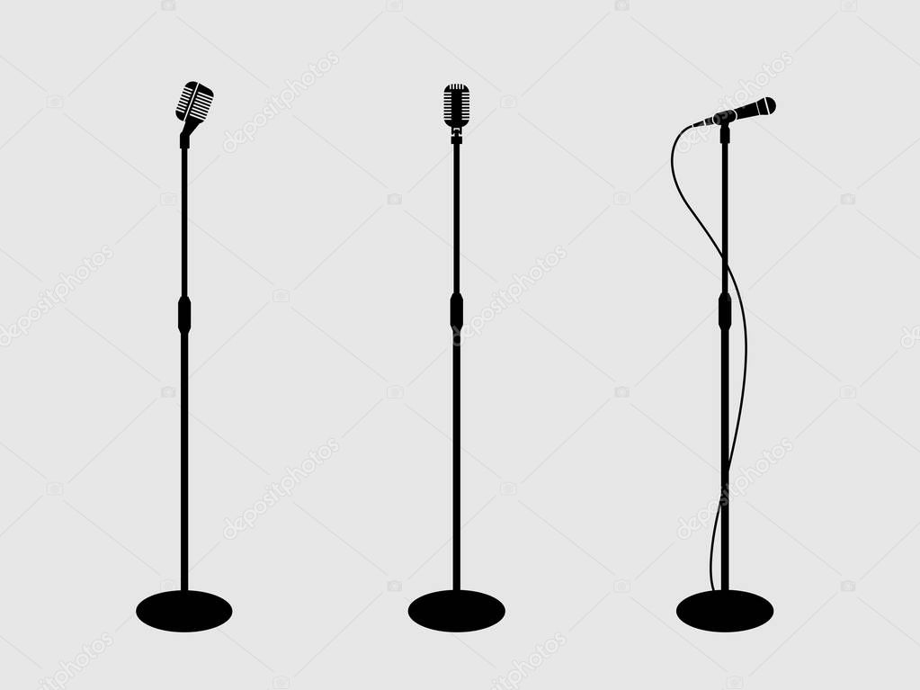 Three microphones on counter. light background. silhouette microphone. Music icon