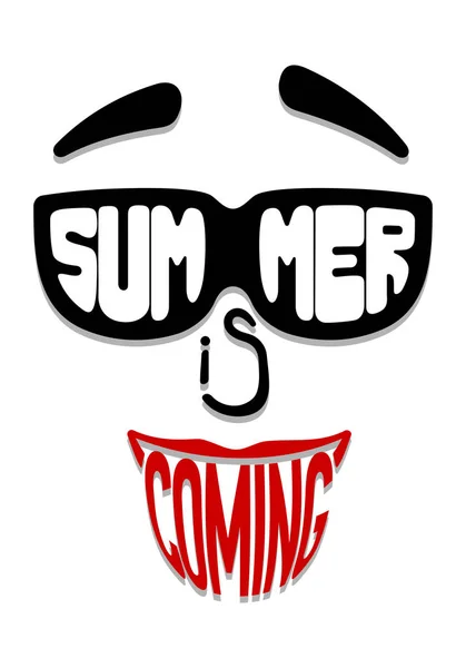 Gezicht in zonnebril met inscriptie zomer komen. Poster — Stockvector