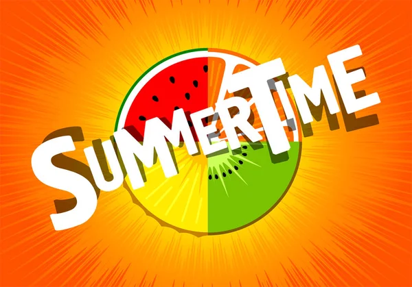 Zomer zomer trend belettering vectorillustratie met stuk vers fruit rode watermeloen oranje geel ananas groene kiwi lichte achtergrond — Stockvector