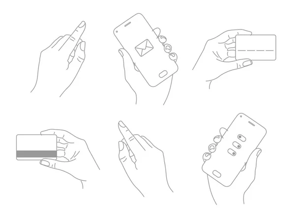 图形手持有智能手机, 信用卡, 点食指。线 — 图库矢量图片