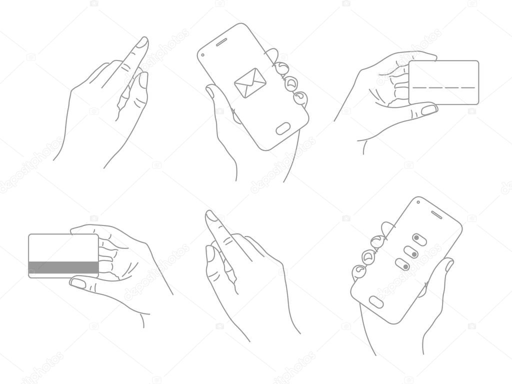 Graphic hand holds smartphone, credit card, points index finger. Line