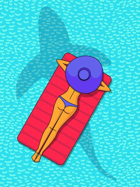 Девушка в купальнике лежит на матраце в океане с силуэтной акулой. плакат — стоковый вектор