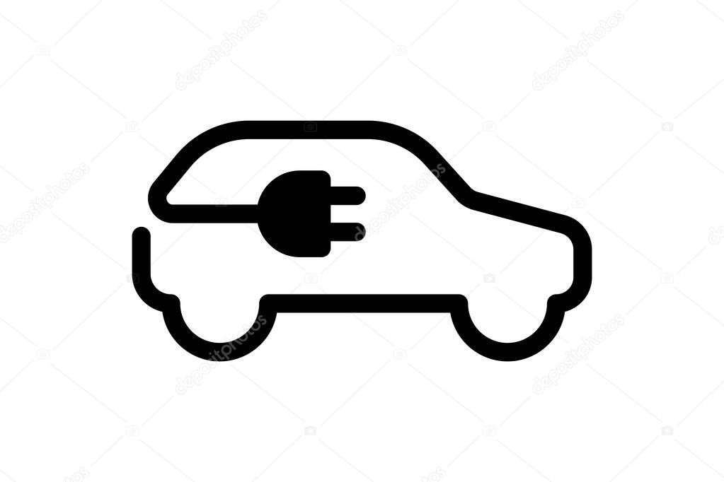 Electric car icon. Electrical automobile cable plug charging black symbol. Eco friendly electro auto vehicle concept. Vector electricity illustration