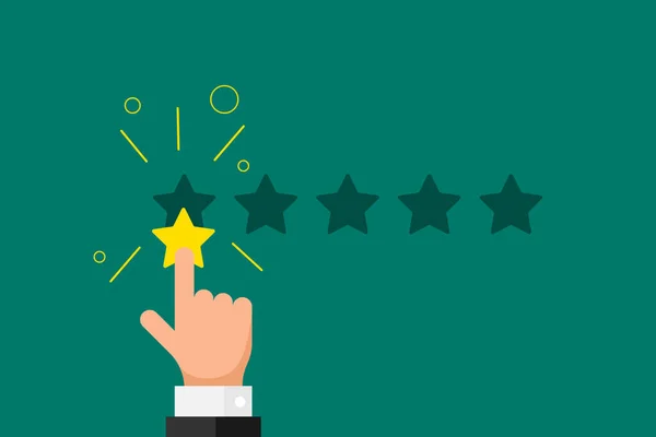 Online feedback reputatie slechte kwaliteit klant review concept. Zakenman hand vinger wijzen 1 een gouden ster rating op groene achtergrond. Vector negatieve rang stemming resultaat illustratie — Stockvector