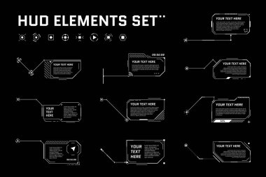 Hud dijital fütüristik çağrı başlığı. Bilim kurgu çerçeve bar etiketlerini göster. Sunum ya da infografik modern dijital bilgi kutusu düzeni şablonu. Arayüz Hud Ui Gui elementi. Vektör illüstrasyonu