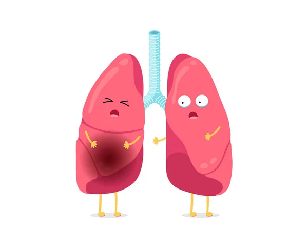 Cute kreskówki śmieszne niezdrowe choroby charakter płuc. Cierpi na chore płuco z zapaleniem płuc. Ludzki układ oddechowy zapalenie narządów wewnętrznych. Ilustracja wektora anatomii medycznej — Wektor stockowy