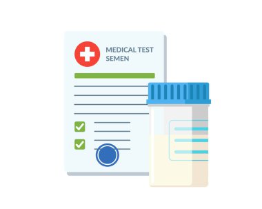 Plastik kavanoz spermi laboratuvar test analizi ve tıbbi form listesi. Sonuçlar ve onay işareti çizelgesi illüstrasyonu. Donör sigorta kontrol listesi belgesi. Tıp sınavı konsepti