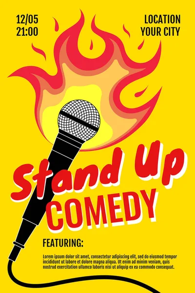 Sta op comedy night live show A3 A4 poster design template. Standup microfoon met vuur op gele achtergrond. Hot grapjes gebraden concept flyer. Vector open mic event illustratie — Stockvector