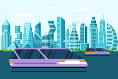 Gelecekteki metropol caddesinde gelecek uçuşlar arabaları uçuruyor. Hava taşımacılığı konsepti vektör çizimi. Özerk sürücüsüz insansız jet otomobili