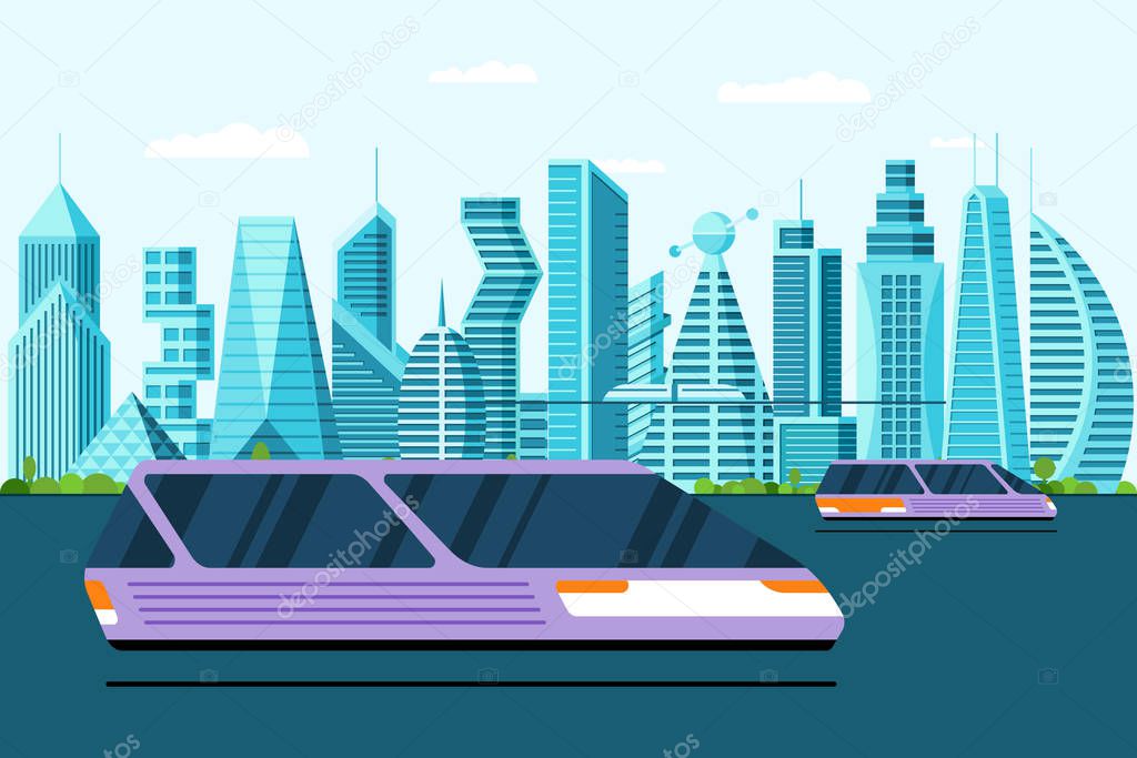 Futuristic flying levitate cars on future metropolis city street. Air transport concept vector illustration. Autonomous driverless unmanned jet automobile