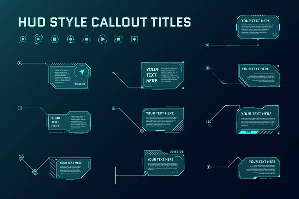 Hud fütüristik seslendirme başlıkları. Bilgi kutusu çubukları ve modern dijital bilgi çerçeve şablonları. Arayüz Ui ve Gui elementleri ayarlandı. Vektör illüstrasyonu