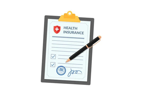 剪贴板上的医疗健康保险政策用钢笔隔离的白色背景。 带有签名的医院协议合同文件. 伤害风险法法律矢量说明 — 图库矢量图片