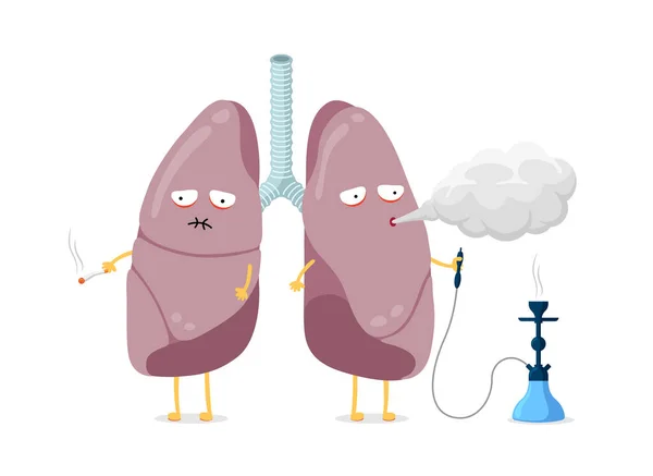 Enfermedad enfermiza pulmones personaje de dibujos animados fumar cigarrillo y narguile. El sistema respiratorio humano órgano interno sopla humo y tiene mala salud. Mal hábito peligroso vector ilustración — Vector de stock