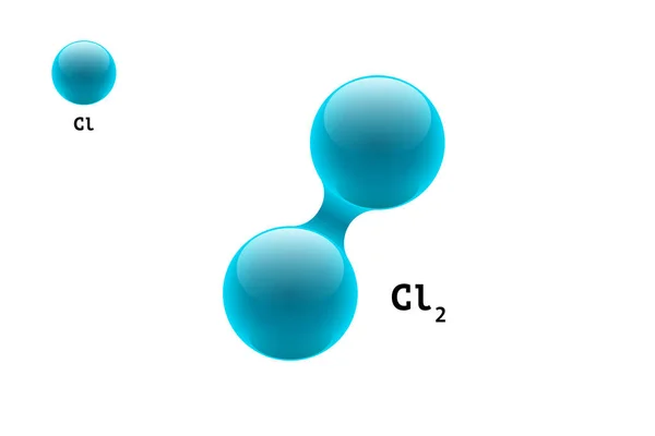 Model chemiczny cząsteczki diatomowego chloru Cl2 formuła pierwiastka naukowego. Zintegrowane cząstki gazu nieorganicznego 3d struktura molekularna. Dwie kule wektorowe kombinacji atomów objętościowych — Wektor stockowy