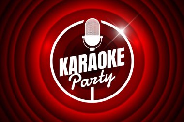 Karaoke partisi gecesi canlı konser mikrofon dairesi amblemi kırmızı gradyan perde arka planında. Vektör retro mikrofon çizimi