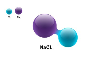 Chemistry model salt molecule diatomic sodium chlorine NaCl scientific element formula. Integrated particles inorganic 3d molecular structure consisting. Two volume atom combination vector spheres clipart