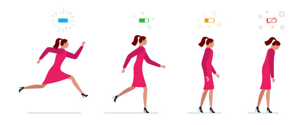 Life energy full and tired businesswoman. Powerful person with high charge and uncharged battery level indicators. Worker female. Business woman running and low power weak walking illustration