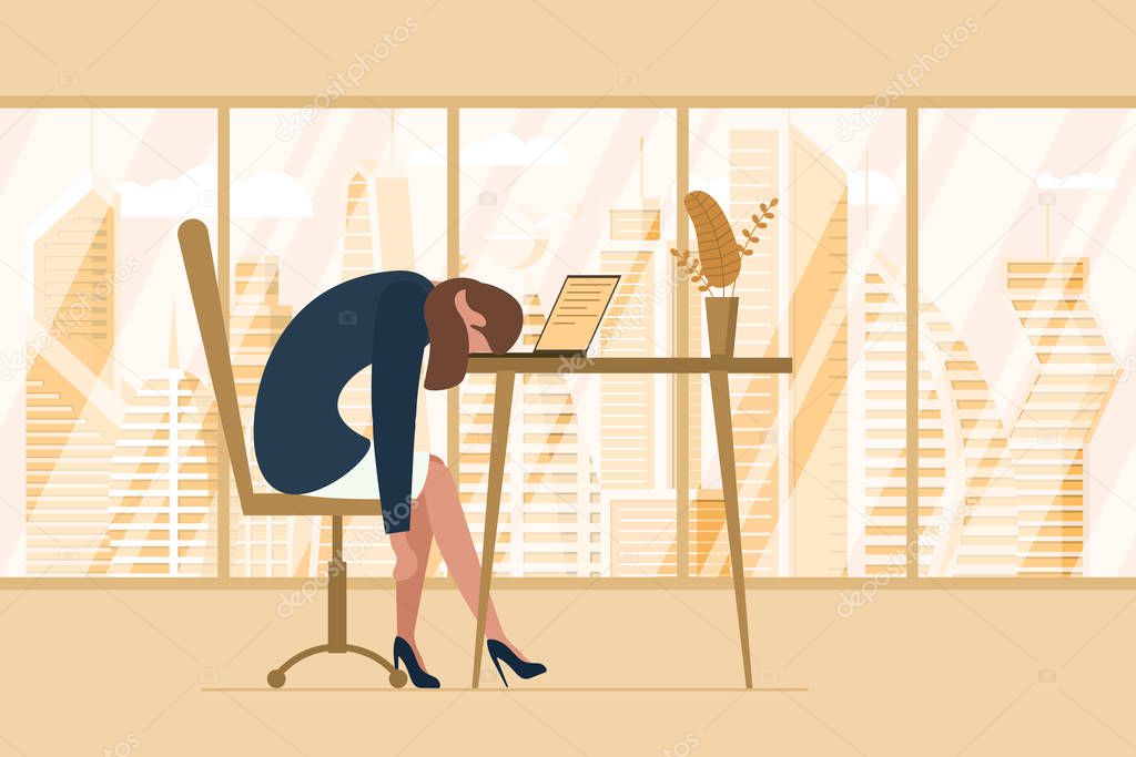 Professional burnout syndrome. Exhausted tired female manager in office sad boring sitting head down on laptop. Frustrated worker mental health problems. Vector long work day illustration