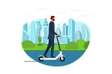 Elektrikli scooter kullanan bir iş adamı. Büyük şehir caddesinde hareketli yaşam tarzı konsepti. Vektör illüstrasyonu yenilikçi aktif hareketlilik hipster modern çağdaş şehir manzarası yöneticisi