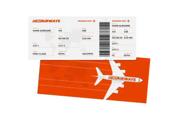 Realistische Design-Vorlage für Flugtickets mit Fluggastnamen und Barcode. Flugreisen mit dem Flugzeug rote Farbe Dokument Vektor Illustration — Stockvektor