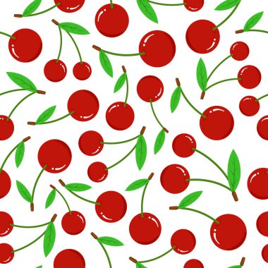 Beyaz arka planda kirazsız desen. Yeşil yapraklı taze meyve düz vektör çizimi