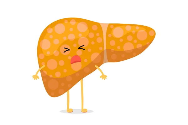 Sjuk ohälsosam tecknad lever karaktär lider av gulsot eller hepatit och lider smärta. Människa exokrin körtel organ förstörelse koncept. Vektorillustration — Stock vektor