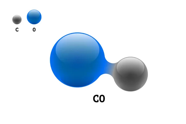 Chemistry model molecule carbon monoxide CO scientific element formula. Integrated particles natural inorganic 3d molecular structure consisting. Two volume atom vector spheres — Stock Vector