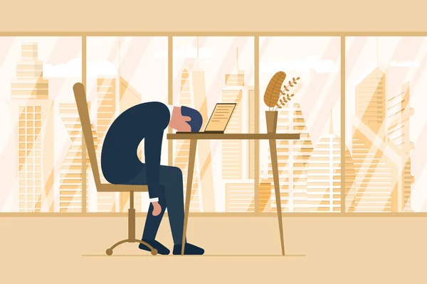 Professional burnout syndrome. Exhausted tired male employee in office sad boring sitting head down on laptop. Frustrated worker mental health problems. Vector long work stress day illustration — Stock Vector
