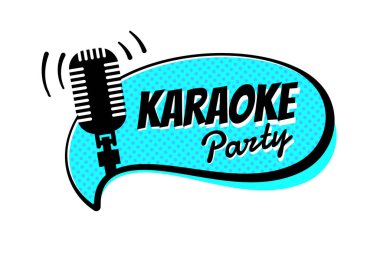 Komik şerit konuşma kabarcık amblemi karaoke gece parti script. Sahne retro vintage mikrofon vektör illüstrasyon eğlence şablonu