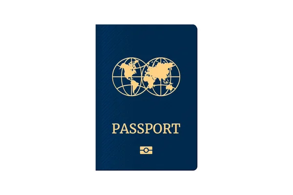Passaporto con mappamondo sulla copertina blu. Modello di documento di identificazione biometrica. Illustrazione vettoriale — Vettoriale Stock