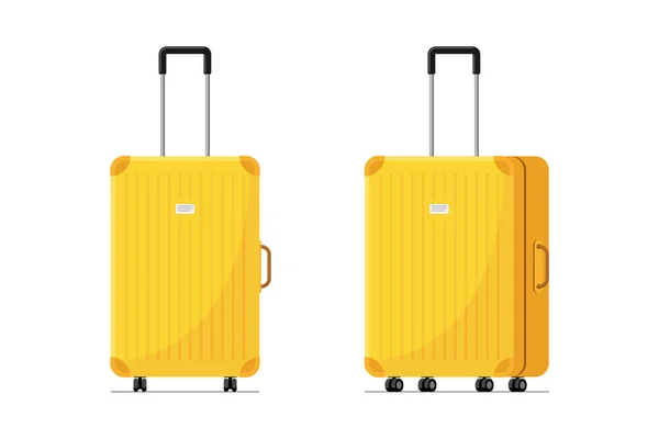Žlutý plastový kufr pro cestování s koly a zasouvací rukojetí vpředu i na boku. Zavazadlový pytel pro letní vektorovou ilustraci dovolených — Stockový vektor