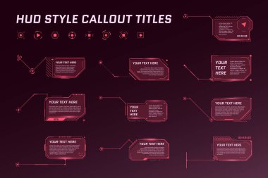 Hud fütüristik seslendirme başlıkları. Bilgi çağrısı ok kutusu çubukları ve modern dijital bilgi çerçeve şablonları. Arayüz Ui ve Gui elementleri ayarlandı. Vektör illüstrasyonu
