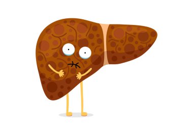 Sağlıksız çizgi film karakteri sarılık, hepatit ve acı çekiyor. İnsan dış kabuk bezi organ yok etme konsepti. Vektör hepatik illüstrasyon