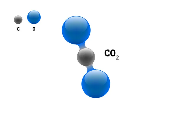 Modelo químico molécula dióxido de carbono CO2 elemento científico fórmula. Partículas integradas estructura molecular 3D inorgánica natural que consiste. Dos esferas vectoriales de oxígeno y volumen de carbono — Vector de stock